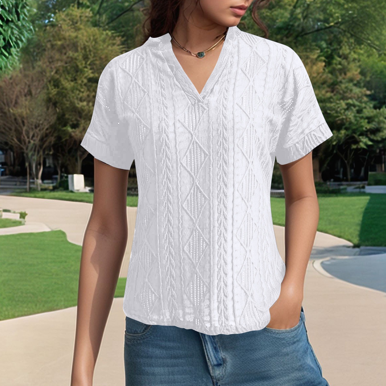 thumbnail image 3 of Camisa de punto jacquard holgada con cuello en V para mujer: manga corta, detalle de cordones, informal de verano, fácil de cuidar, 3 of 7